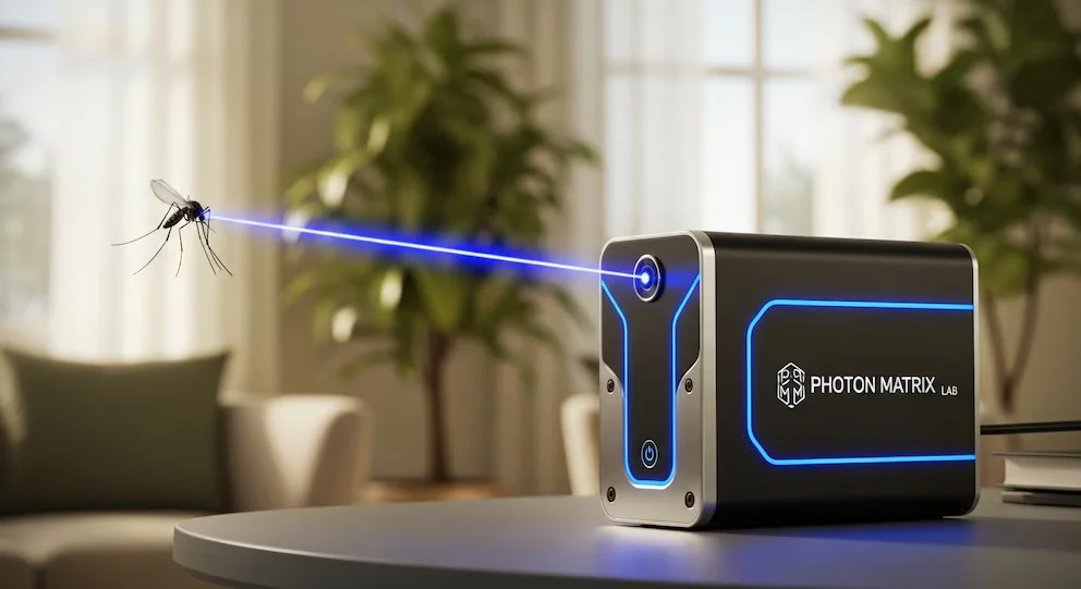 Dispositif Photon Matrix noir avec détails métalliques et lumière bleue, émettant un laser vers un moustique dans un salon lumineux avec des plantes.