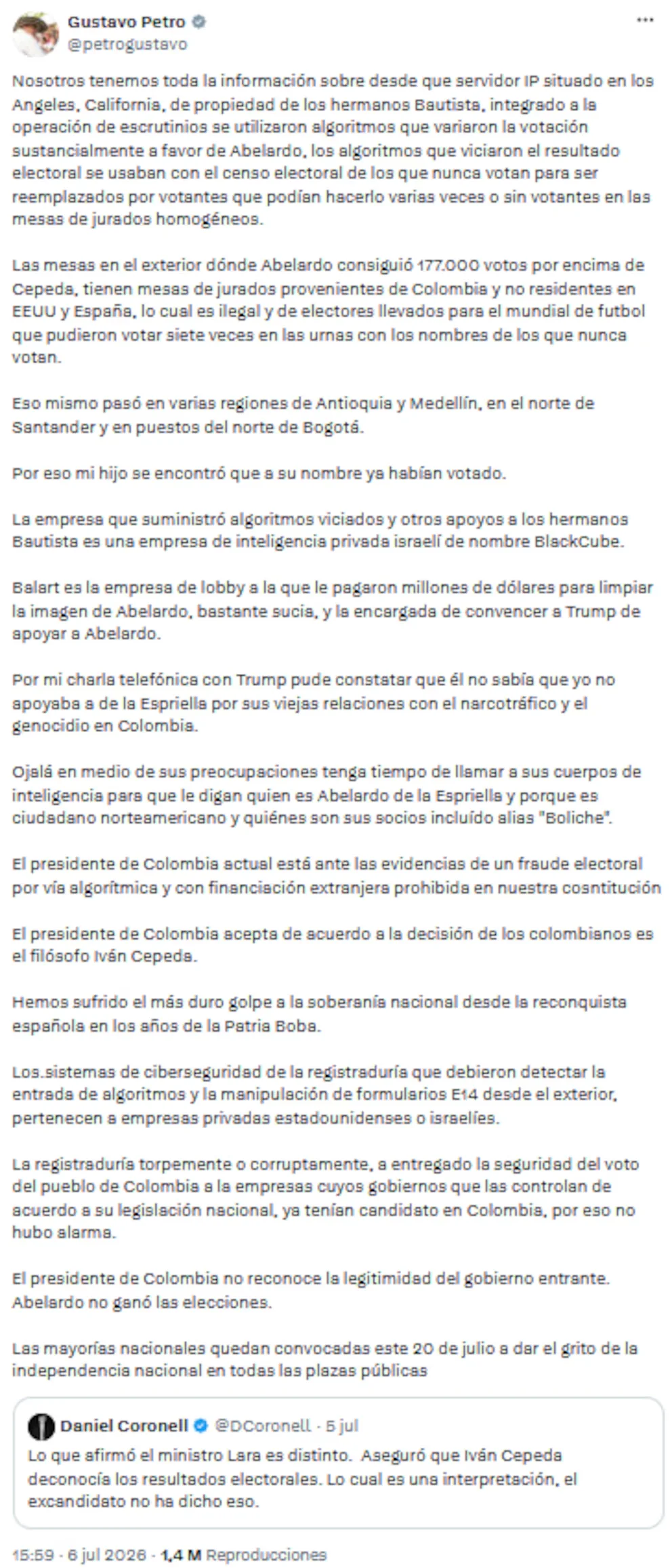 Gustavo Petro a de nouveau dénoncé la fraude électorale et accusé d'ingérence étrangère lors des élections présidentielles - crédit @petrogustavo/X