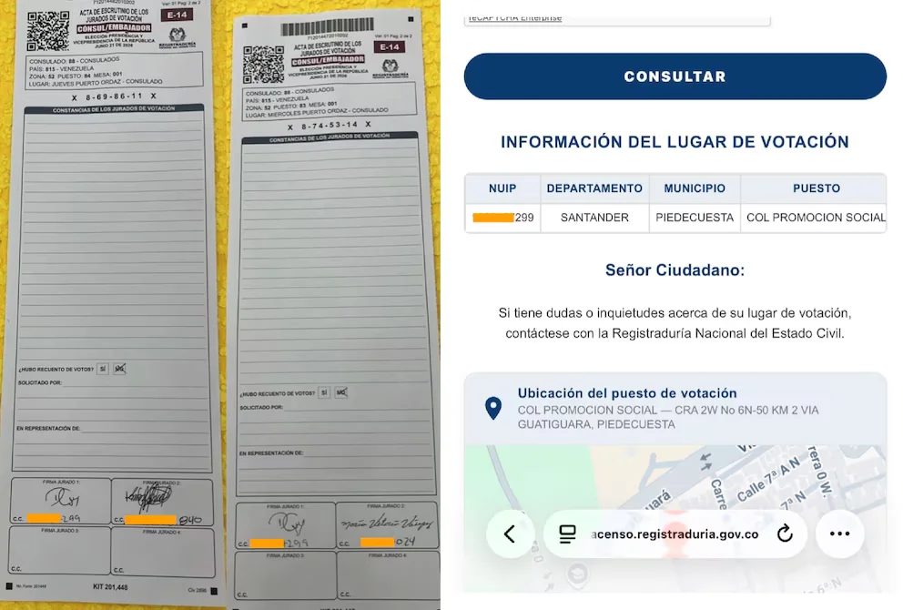 Alejandro Ocampo a révélé que la personne qui est apparue dans deux bureaux de vote comme juré au Venezuela a son poste de vote à Piedecuesta, Santander - crédit @alejoocampog/X
