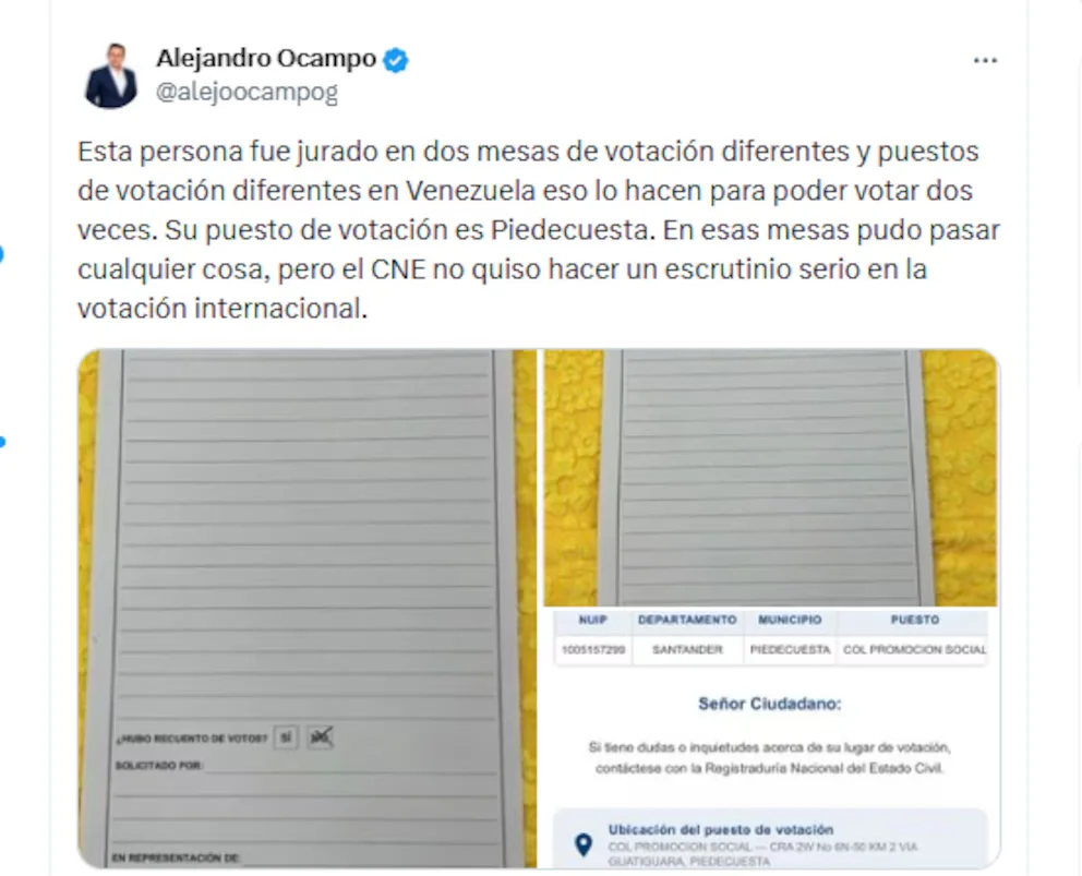 Le congressiste Alejandro Ocampo a présenté des documents montrant qu'une personne a été juré dans deux bureaux de vote différents - crédit @alejoocampog/X