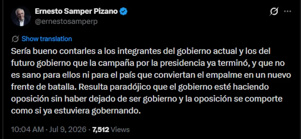 Ernesto Samper a appelé le gouvernement sortant et le gouvernement entrant à laisser derrière eux la confrontation propre à la campagne présidentielle et à se concentrer sur une transition institutionnelle durant le processus de passage de pouvoir - crédit @ernestosamperp/X