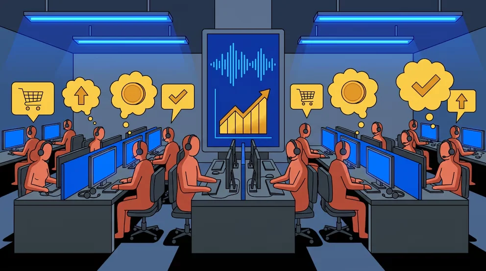 Illustration d'un centre d'appels : opérateurs avec ordinateurs et écouteurs. L'écran central montre une onde audio et un graphique de ventes. Icônes d'achat et d'approbation flottantes.