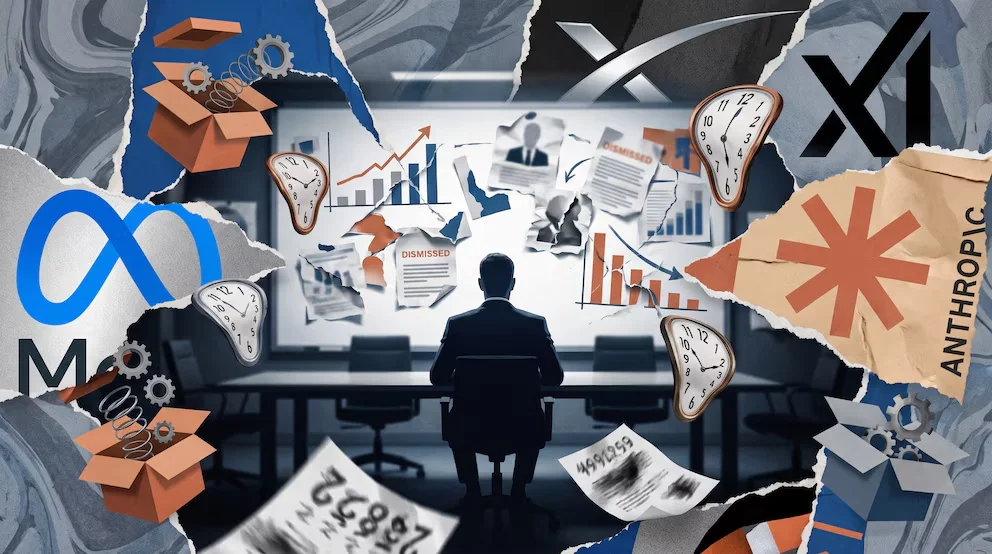Homme de dos, salle de réunion. Tableau avec graphiques, feuilles 'DISMISSED', numéros, montres fondues, boîtes avec engrenages. Logos de Meta, Anthropic, SpaceX, xAI.