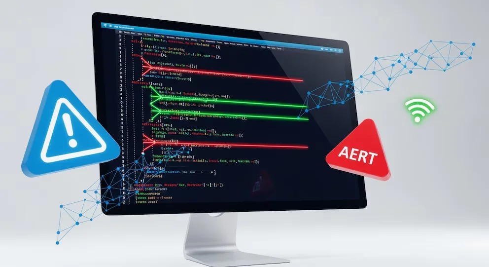 Un moniteur d'ordinateur affiche du code mis en surbrillance en vert et rouge, à côté d'un triangle d'avertissement bleu, un triangle rouge avec AERT, une icône wifi et des lignes de données.