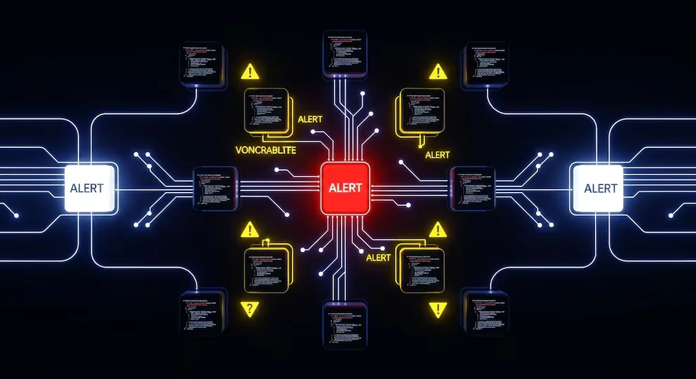 Réseau de blocs de logiciels reliés par des lignes lumineuses, avec un bloc central rouge et plusieurs blocs jaunes contenant le mot ALERT et des signes d'avertissement.