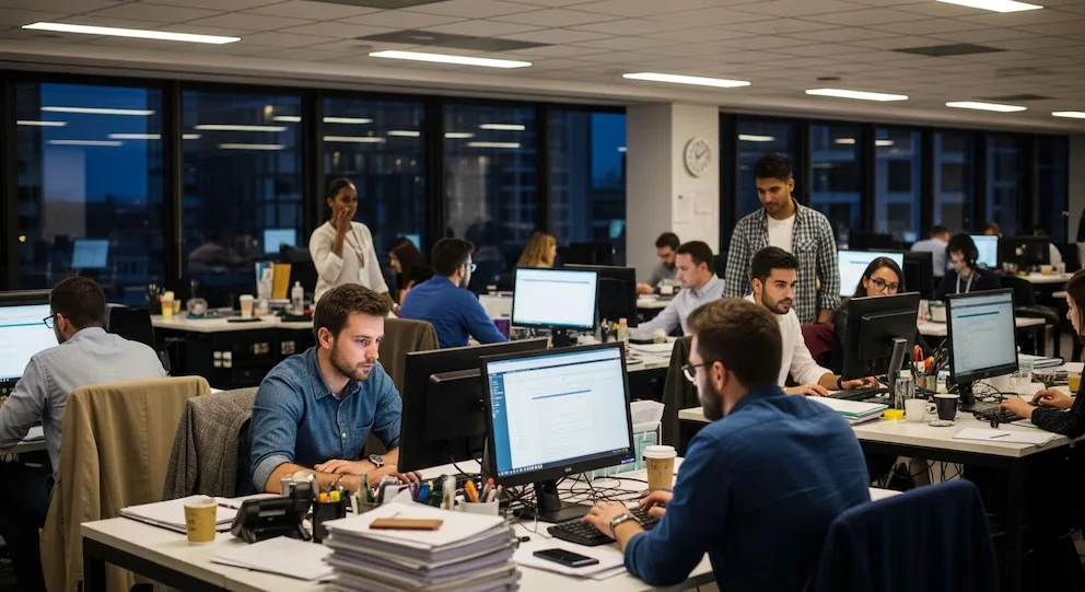 Vue d'ensemble d'un bureau moderne et lumineux avec plusieurs employés assis à des bureaux individuels, utilisant des ordinateurs. Les fenêtres montrent un paysage urbain nocturne.