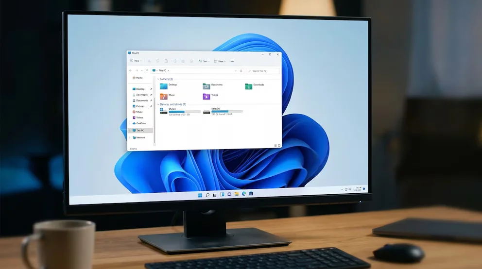 Un moniteur d'ordinateur affiche l'Explorateur de Fichiers de Windows 11 avec les disques durs (C: et D:) et les dossiers principaux sur une table en bois.
