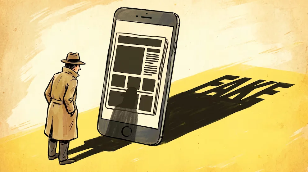 Un homme avec un chapeau et un trench-coat observe un téléphone mobile montrant une silhouette d'actualité; une ombre avec le mot FAKE se projette sur le sol.