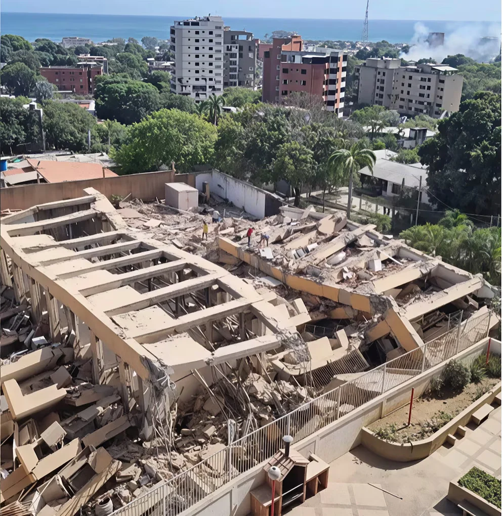 Bâtiment partiellement effondré avec des décombres, trois personnes dessus, d'autres bâtiments et arbres en arrière-plan, mer et ciel clair à l'horizon