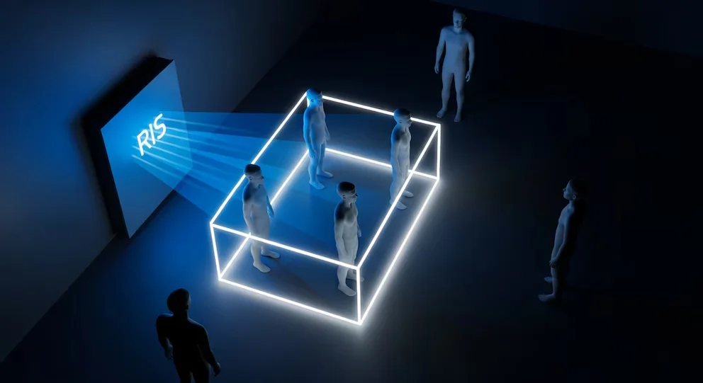 Appareil RIS émet une lumière bleue vers trois figures à l'intérieur d'un cadre lumineux, tandis que deux figures se trouvent à l'extérieur, dans l'obscurité.