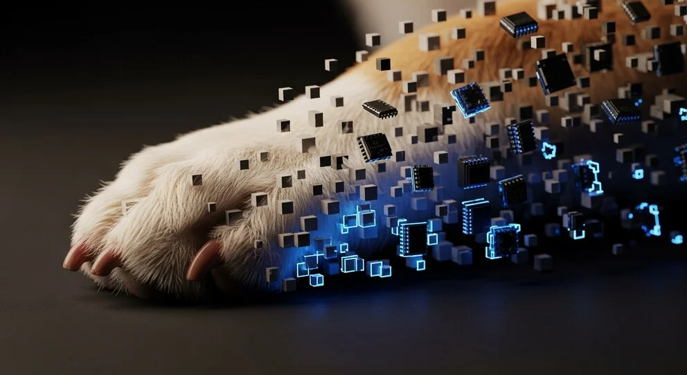 Gros plan sur une patte de chien avec un pelage blanc et marron, entourée de cubes gris, de puces électroniques noires et d'éléments lumineux bleus sur fond sombre.