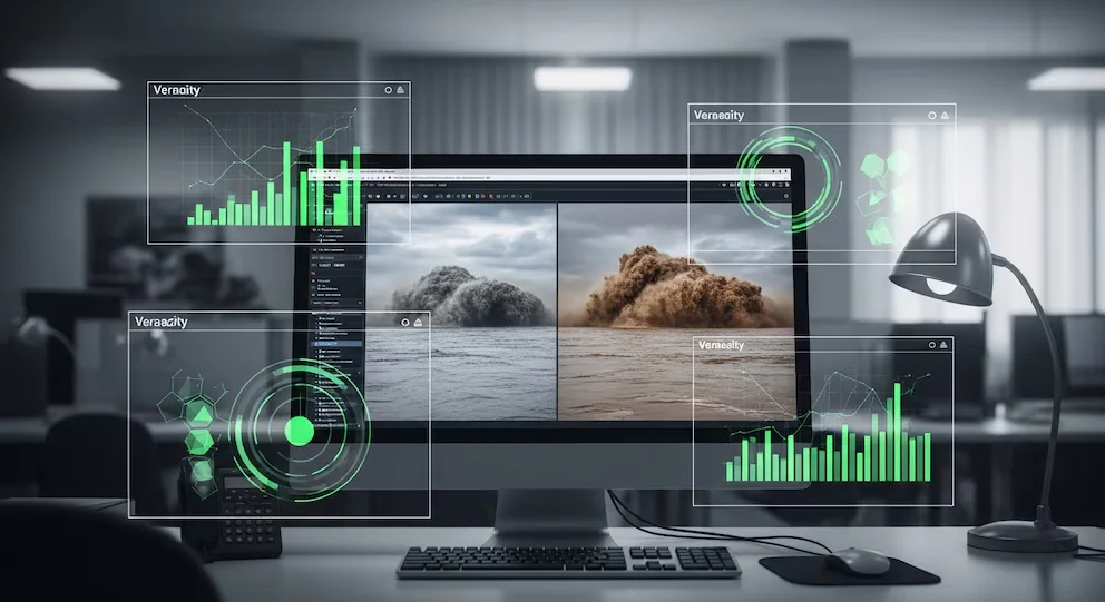 Écran d'ordinateur avec deux images de vagues ou d'explosions dans l'eau, accompagnées de graphiques numériques verts et du texte 'Veraacity', avec un clavier et une souris.