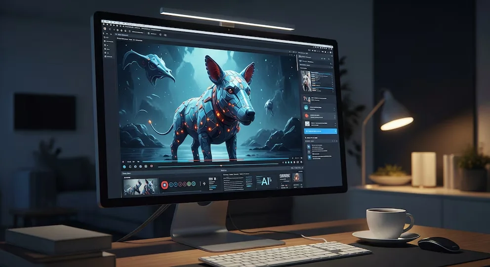 Moniteur d'ordinateur avec vidéo d'animal numérique et logiciel de montage. Clavier, souris, tasse de café, livres et lampe sur un bureau en bois.