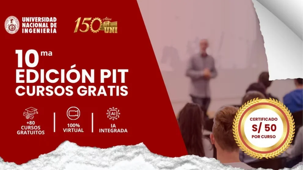 Affiche promotionnelle de la UNI, avec le texte '10ème Édition PIT Cours Gratuits', icônes de cours, virtualité et IA, sceau de certificat et une classe floue en arrière-plan