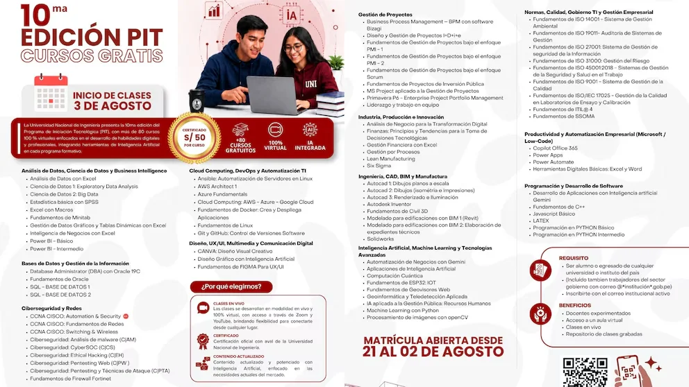 Infographie UNI. Deux personnes avec un ordinateur portable. Titulaire : '10ème Édition PIT Cours Gratuits'. Icônes : 80 cours, virtuel, IA, certificat. Texte avec les détails des cours, dates et QR