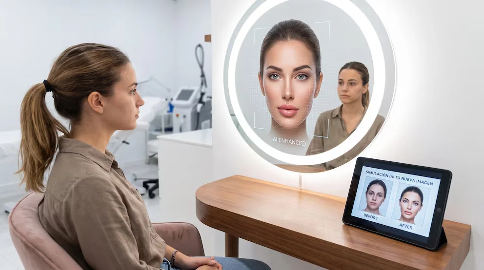 Femme assise de profil devant un miroir éclairé et une tablette. Le miroir montre une simulation faciale par IA et le reflet de la femme. La tablette exhibe des images avant et après.