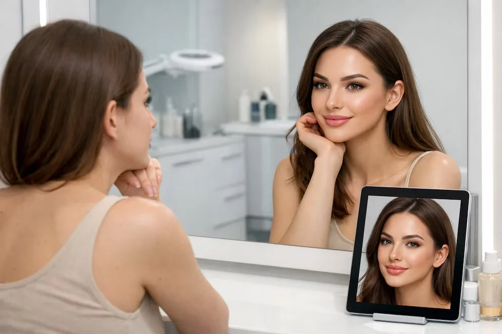 Femme de dos devant un miroir qui reflète son visage retouché, et une tablette avec une image d'un autre visage digitalisé sur une table.