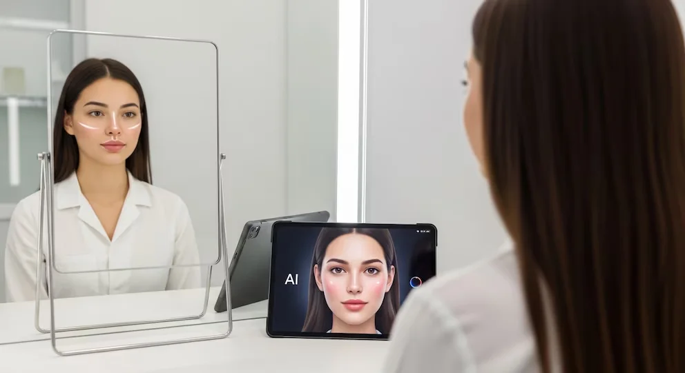 Jeune femme aux cheveux foncés devant un miroir. Sur la table, une tablette montre un visage digital avec le texte 'AI', et des lignes faciales apparaissent dans son reflet.