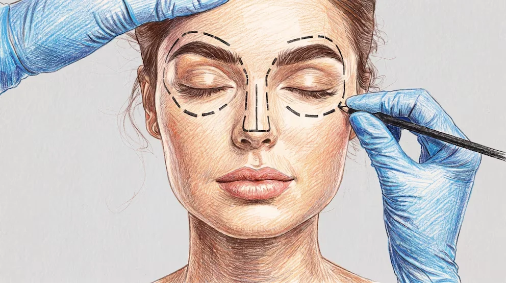 Illustration d'un visage avec les yeux fermés, lignes pointillées pour chirurgie esthétique. Deux mains avec des gants bleus et un crayon.