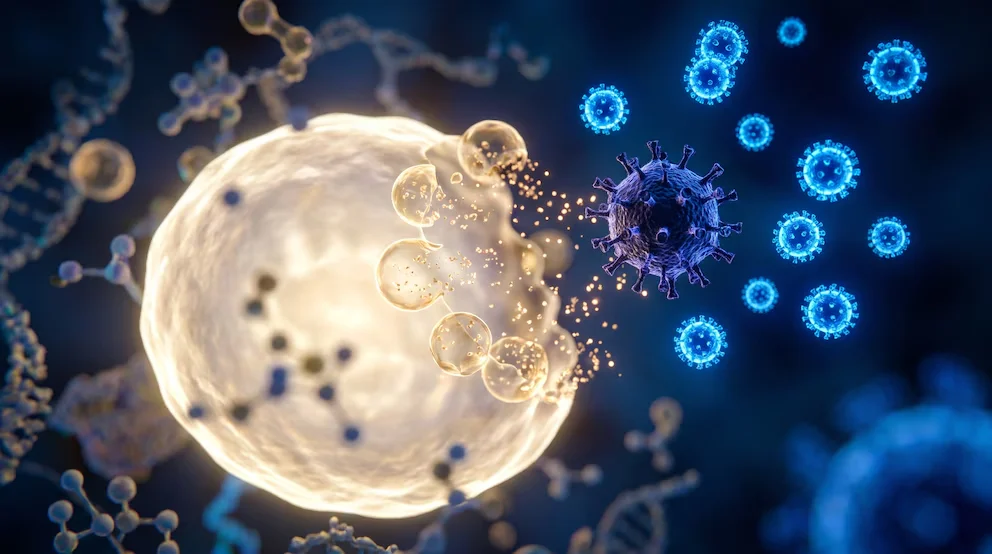 Représentation macro de cellule humaine infectée avec un noyau brillant, des paraspeckles se dissolvant, des particules dorées et des virus bleus flottant autour.