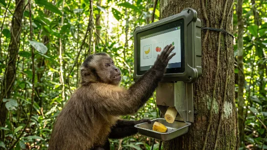 Ponent une écran avec IA dans la jungle et les singes apprennent à l'utiliser pour obtenir de la nourriture.